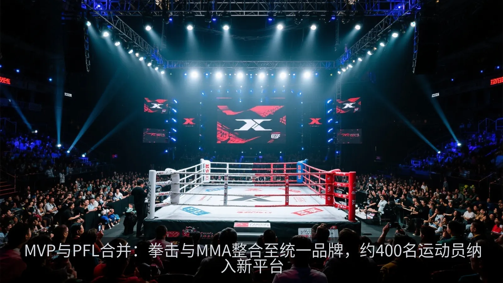 大型室内搏击赛事现场，观众席与灯光环绕擂台