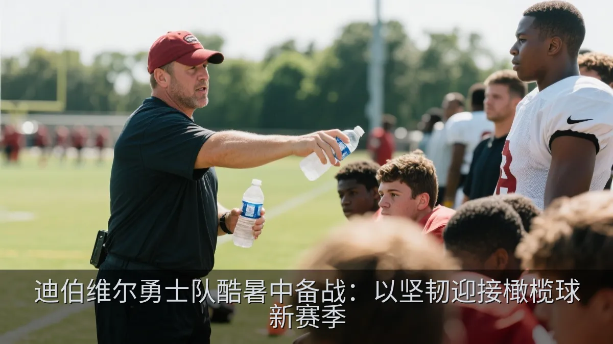 橄榄球教练在夏季训练场边指导队员补水和训练。